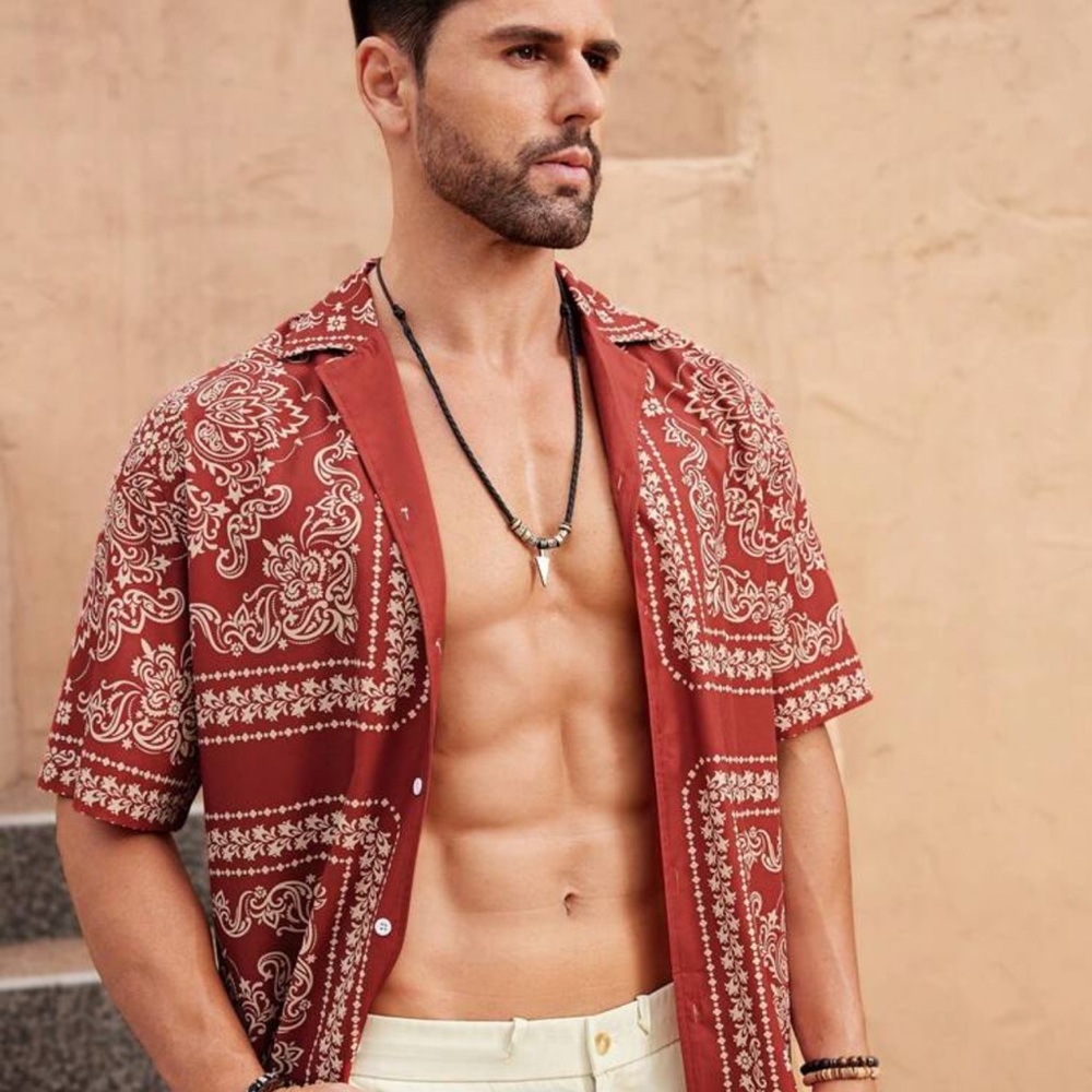 Manfinity Vacaylife Men's Spring/Summer Casual Vacation Woven Short Sleeve Print - Picture 3 of 3